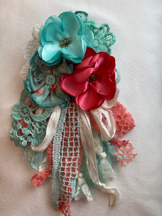 Coral and Mint Flower Pin